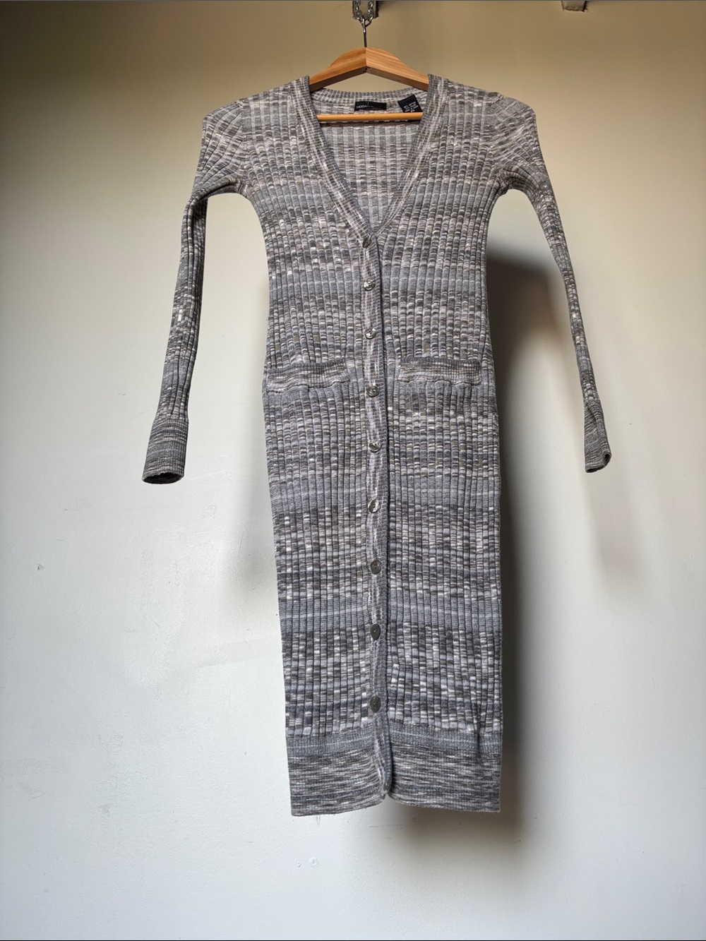 Y2K Gray Ribbed Duster Size XS Long Button-Up Cardigan